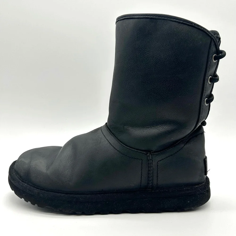 UGG Australia Mariana Boots Womens 6 Black Leather Shearling Lined Rear Lace‎ Up